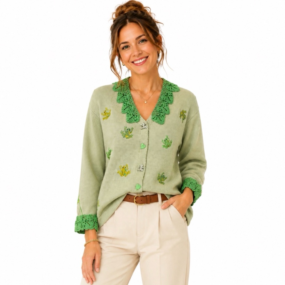 Storybook Knits, Vintage Beaded Light Green V-Neck Crochet Collar, Size XL